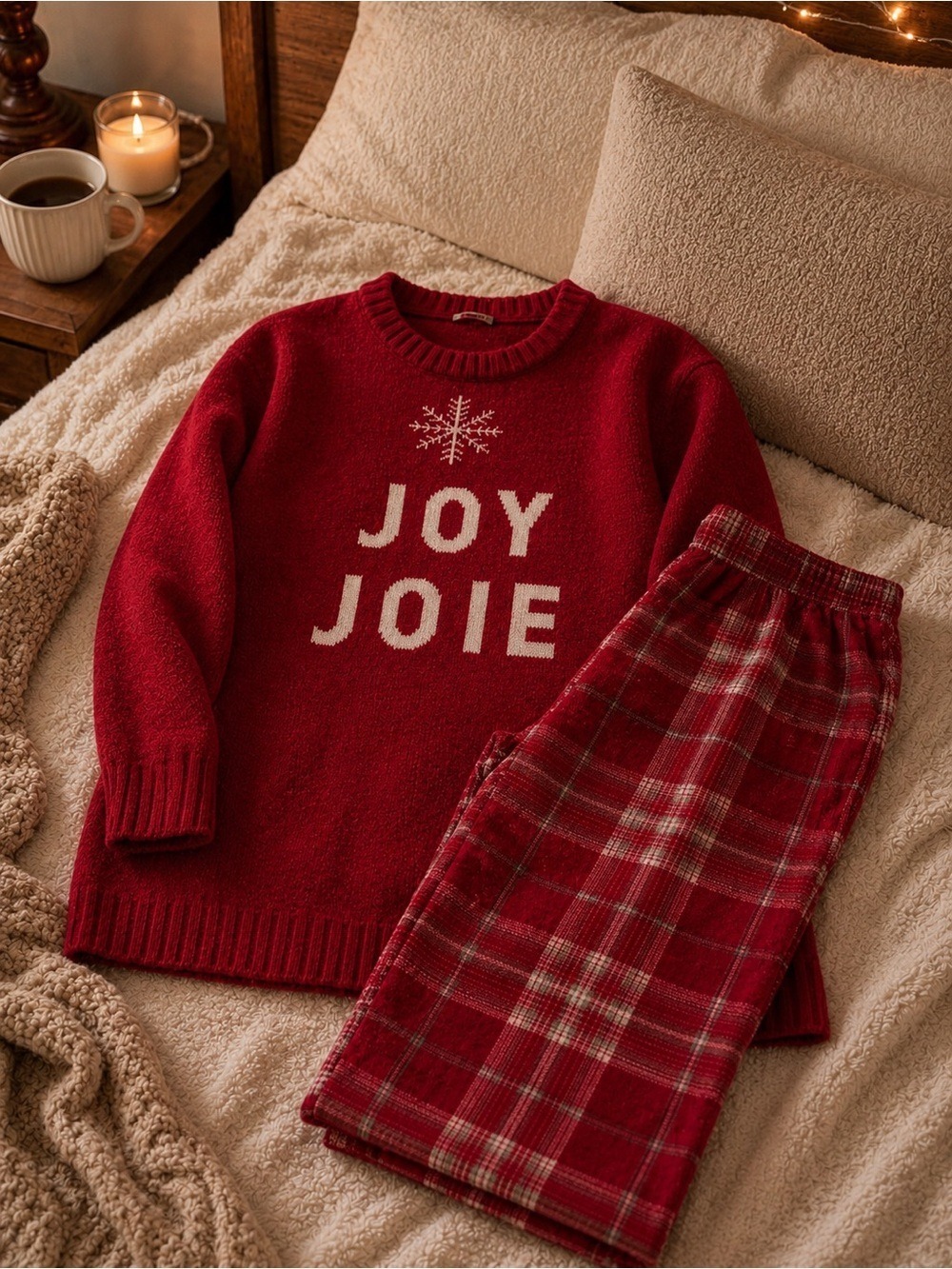 ♥️La Vie en Rose Cozy Christmas Pajama Set JOY JOIE Sweater & Plaid Pants Size M